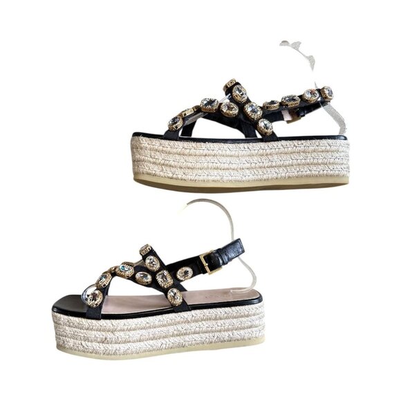 GUCCI Pepita Crystal Espadrille Sandal EU 38.5 US 8.5 Black Leather Platform - Picture 4 of 9